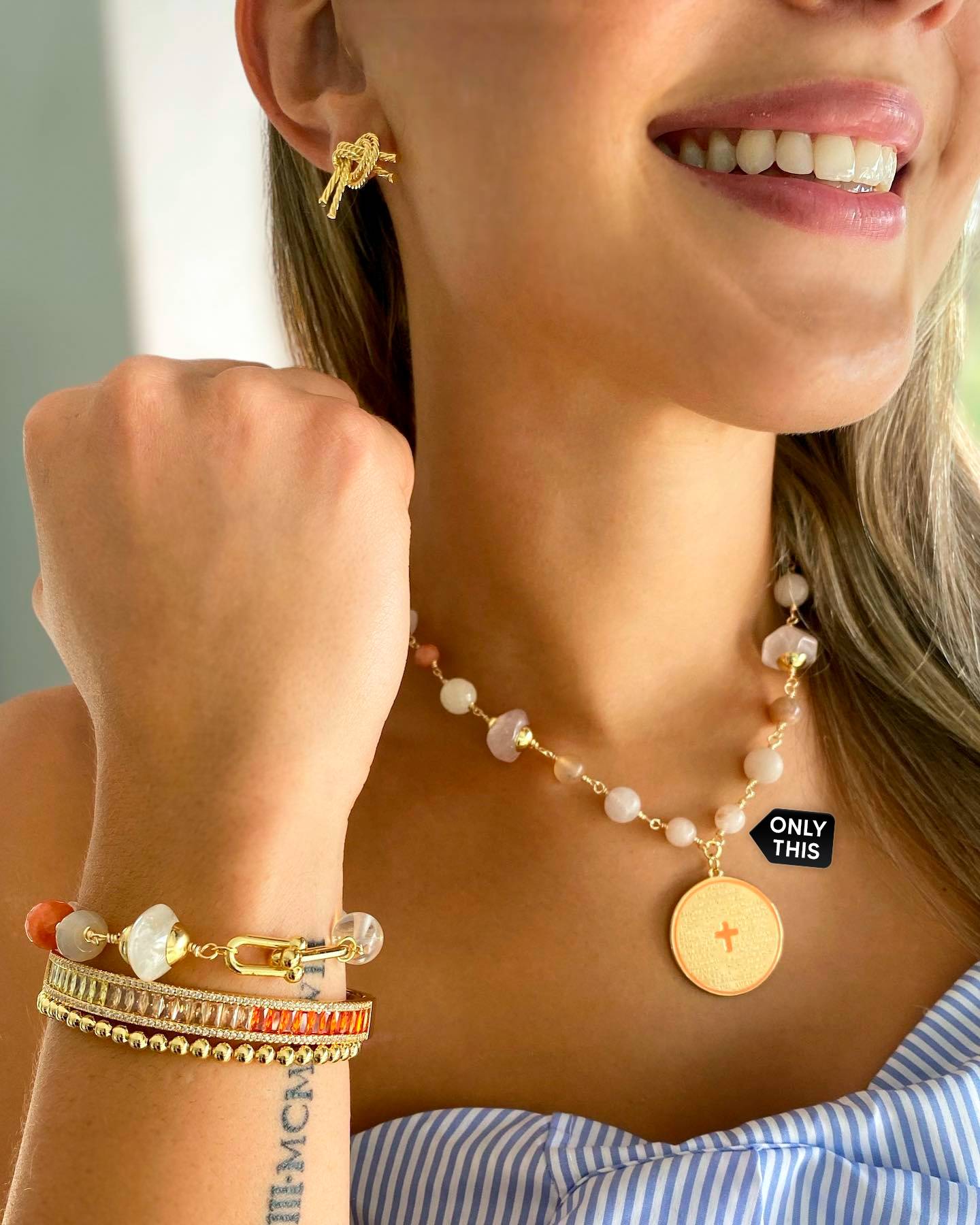 Orange Natural Stone Necklace and Cross Pendant 18k Gold Filled