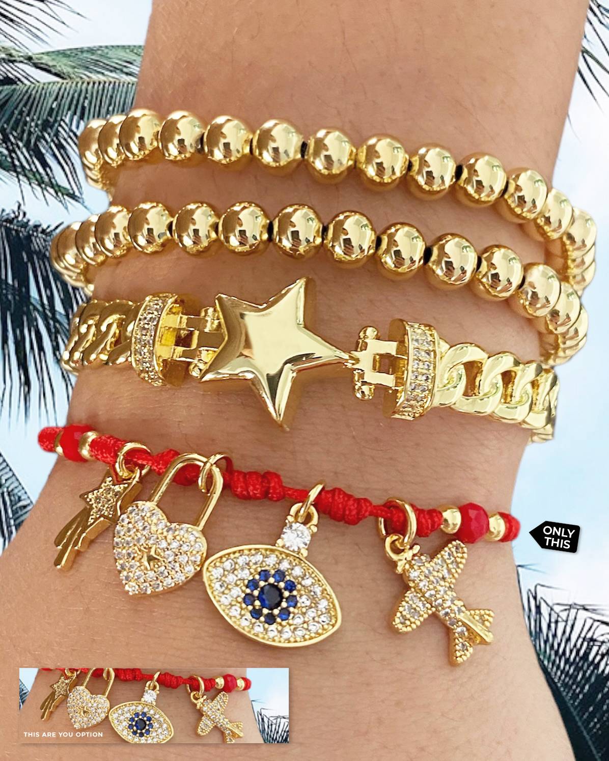 Red Thread Bracelet with Gold Filled Zirconia Charms