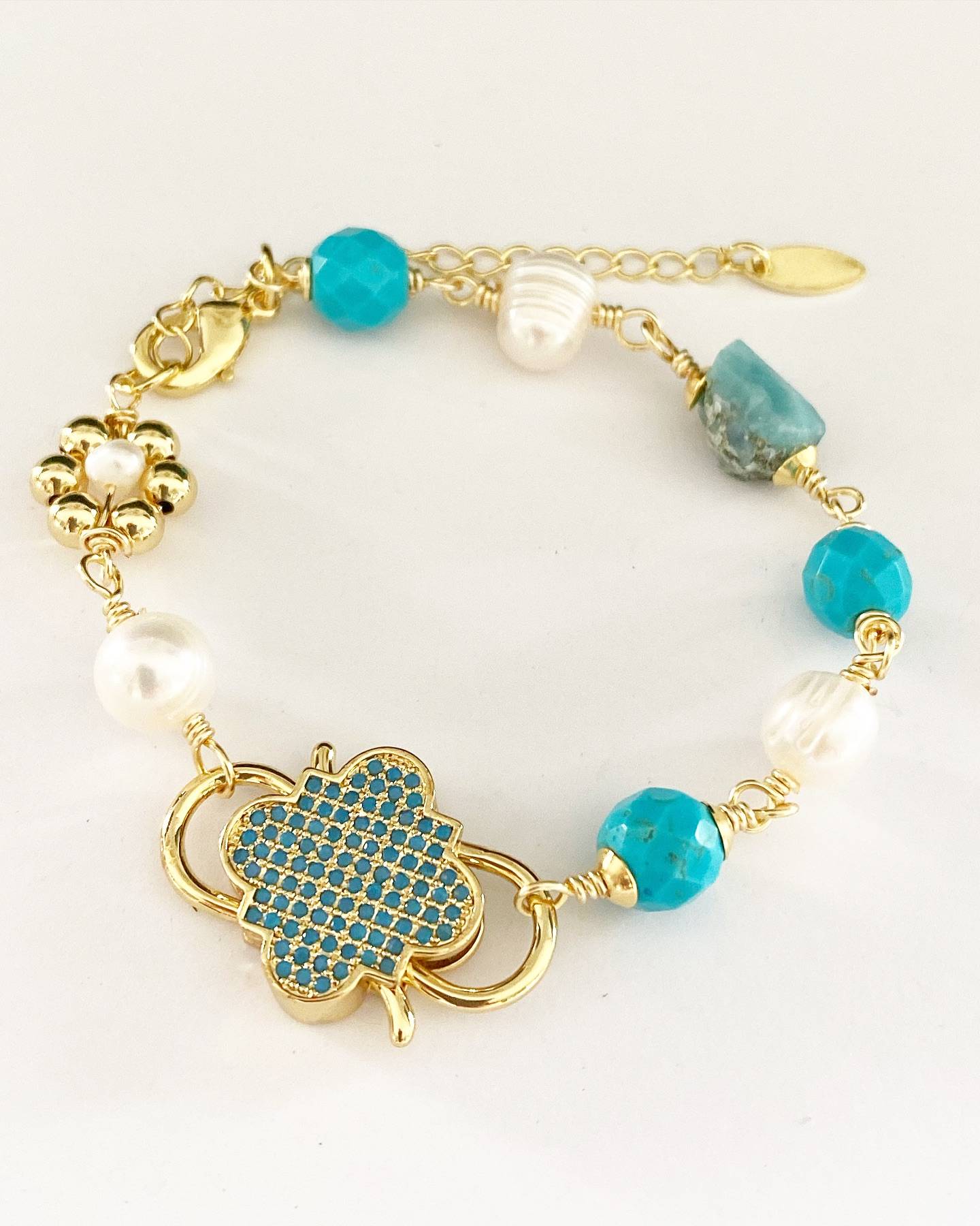 Semi-Precious Stone Bracelet with Rhodium Pearls with 18k Gold 